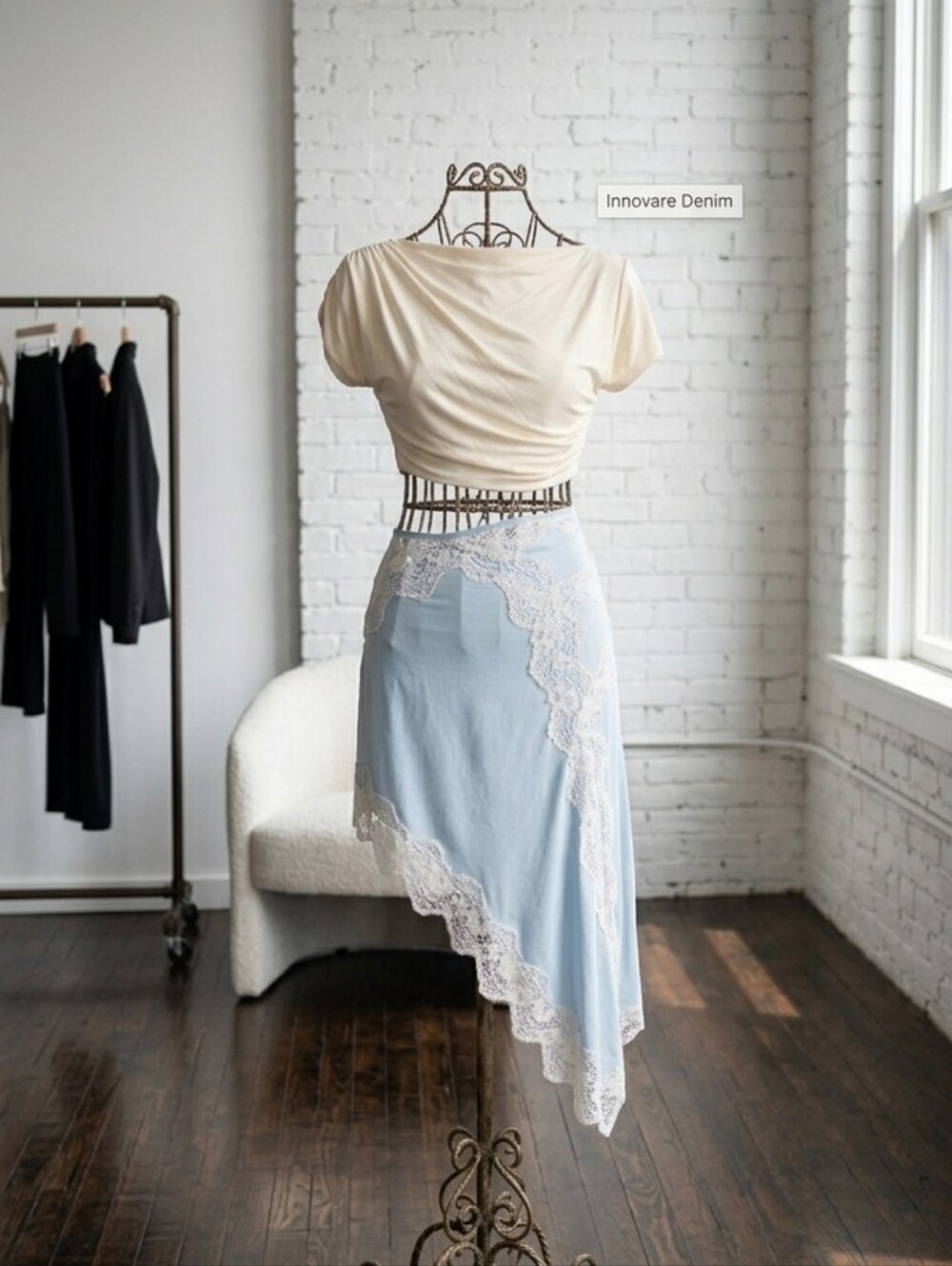 Light Blue Lace-Trim Asymmetrical Skirt